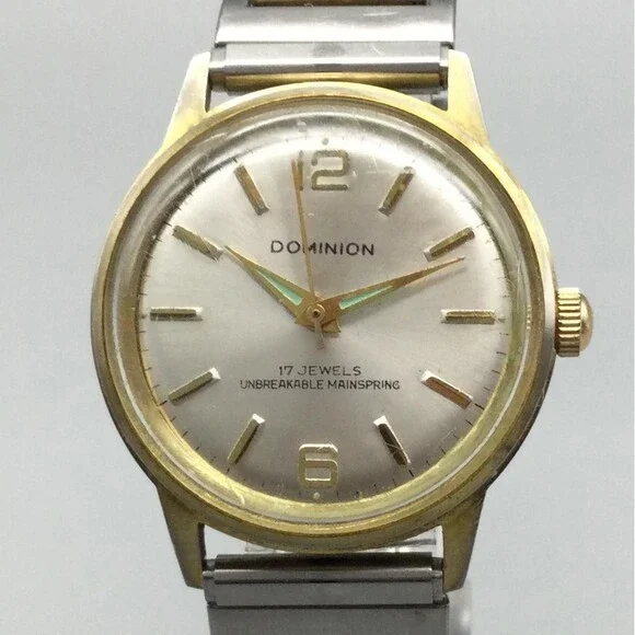 Vintage Dominion Mens Watch 34mm Silver Dial Manual 17 Jewels Two Tone Bracelet - Picture 1 of 14